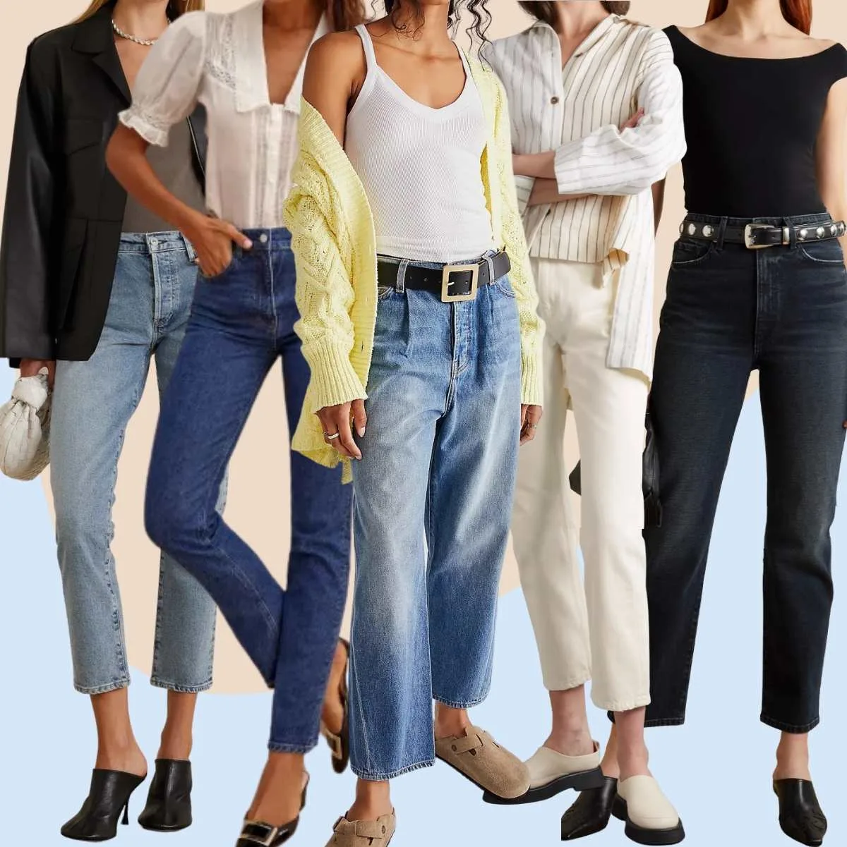 Collage of 5 women wearing different mules outfits with jeans.