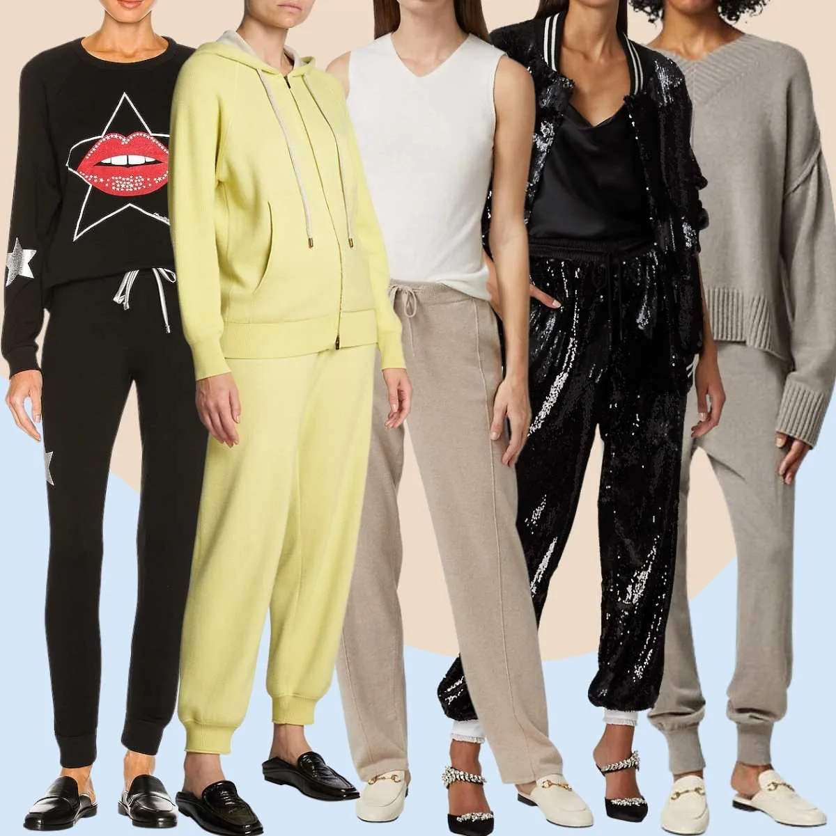 Collage of 5 women wearing different mules outfits with joggers and sweatpants.