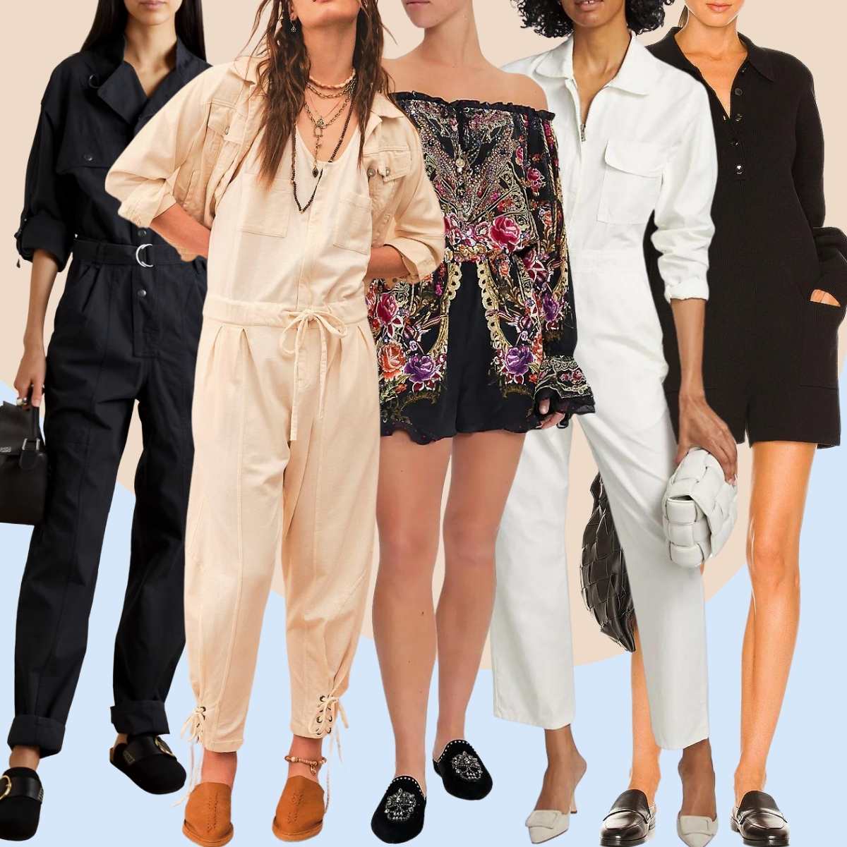 Collage of 5 women wearing different mules outfits with jumpsuits and rompers.