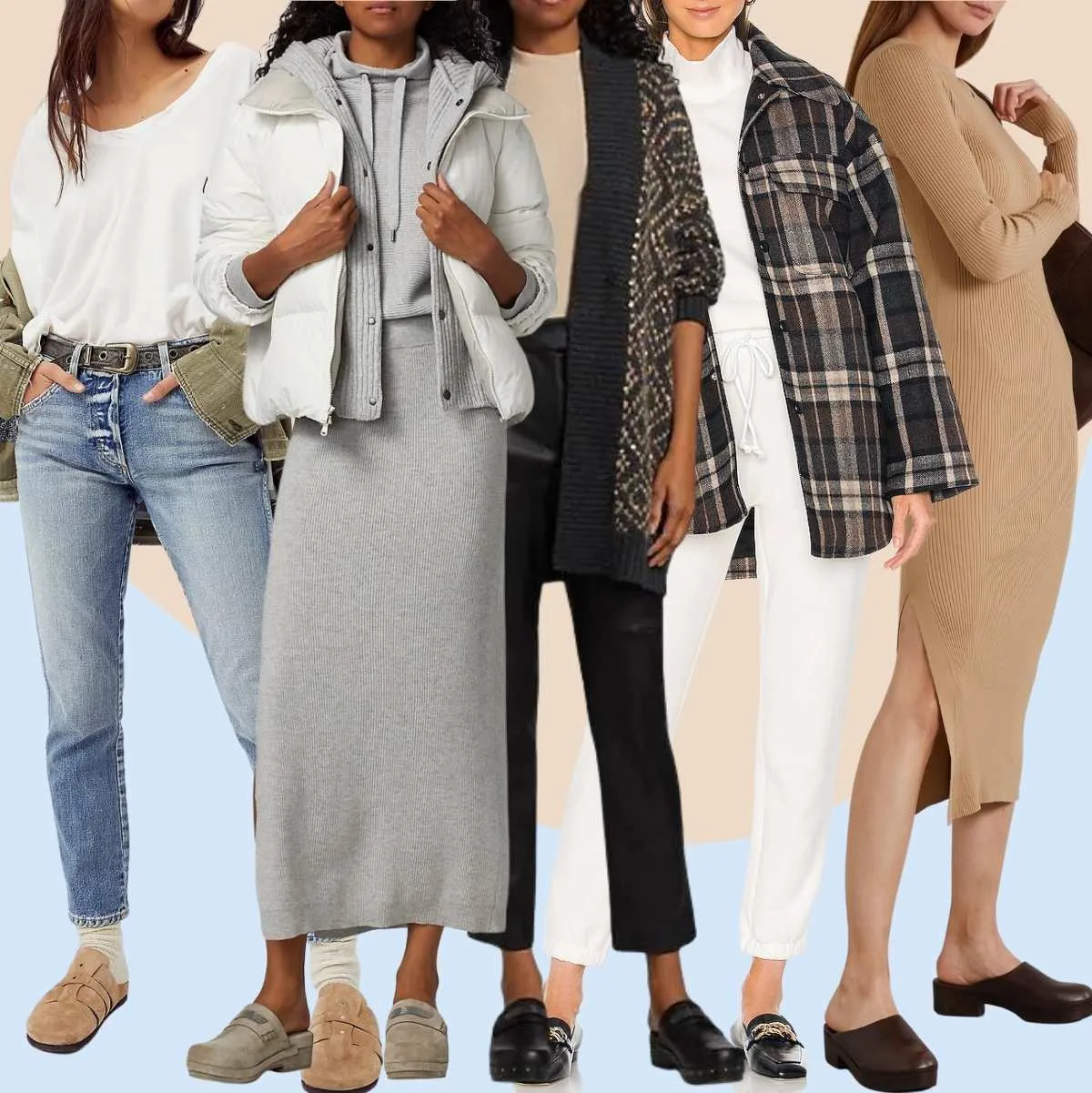 Collage of 5 women wearing different winter outfits with mules.