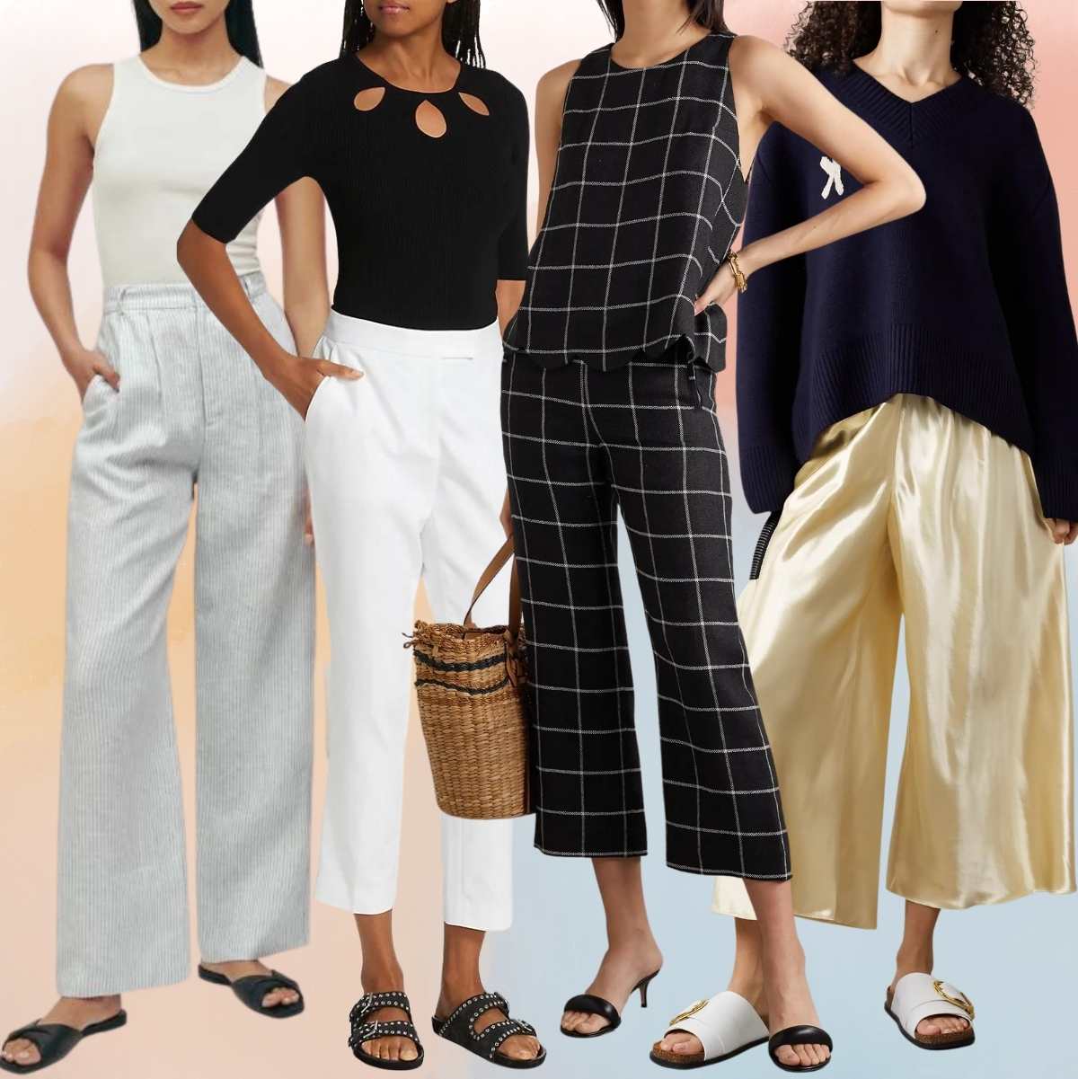 Collage of 5 women wearing different slides outfits with dress pants.