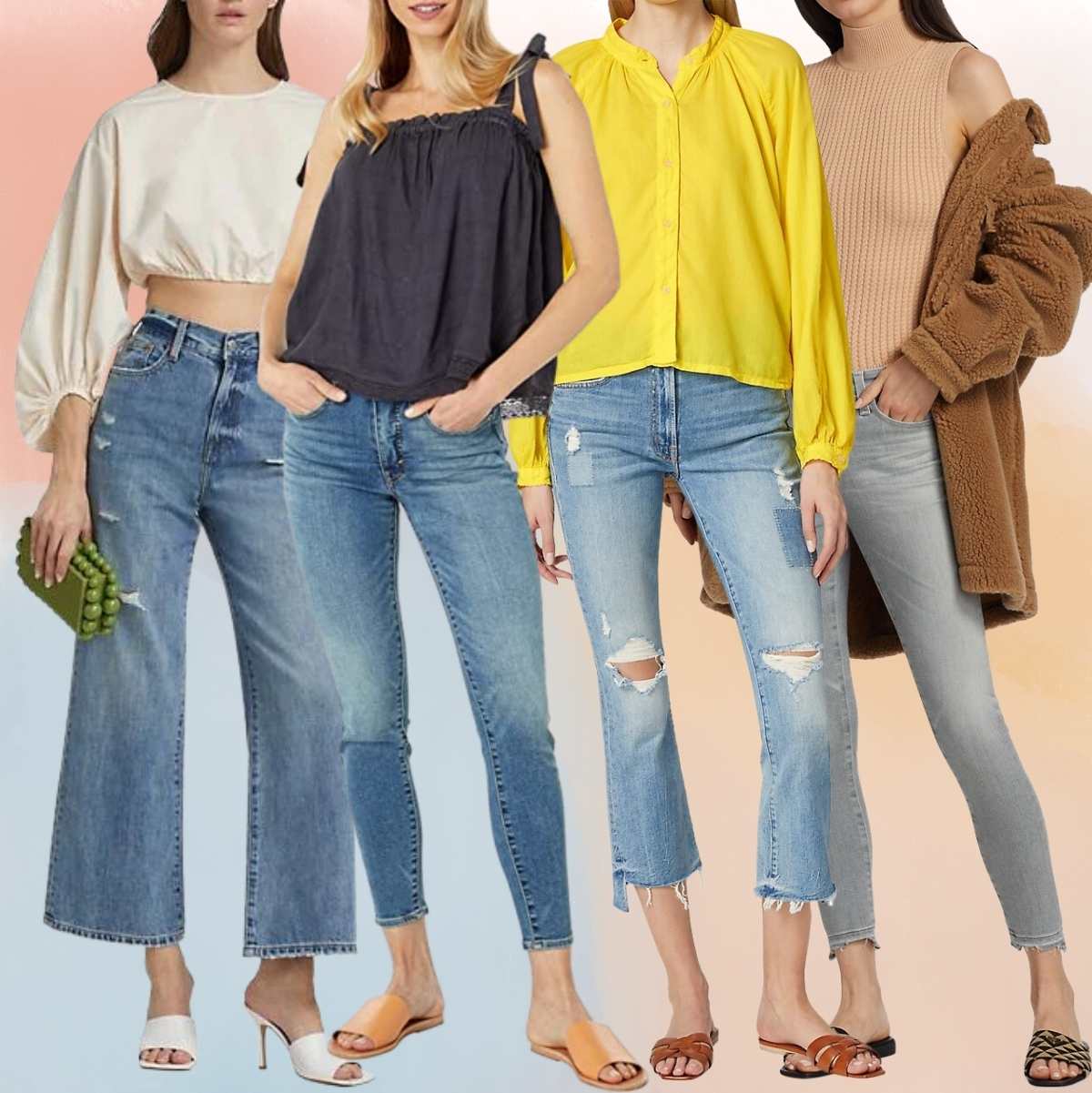 Collage of 5 women wearing different slides outfits with jeans.