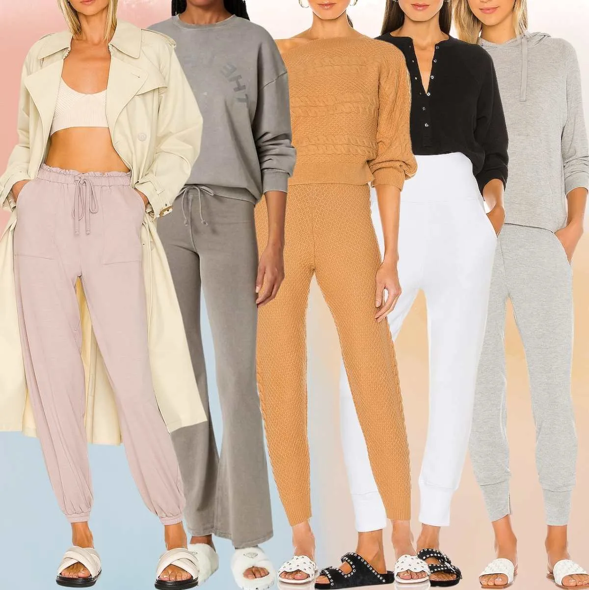 Collage of 5 women wearing different slides outfits with joggers and sweatpants.