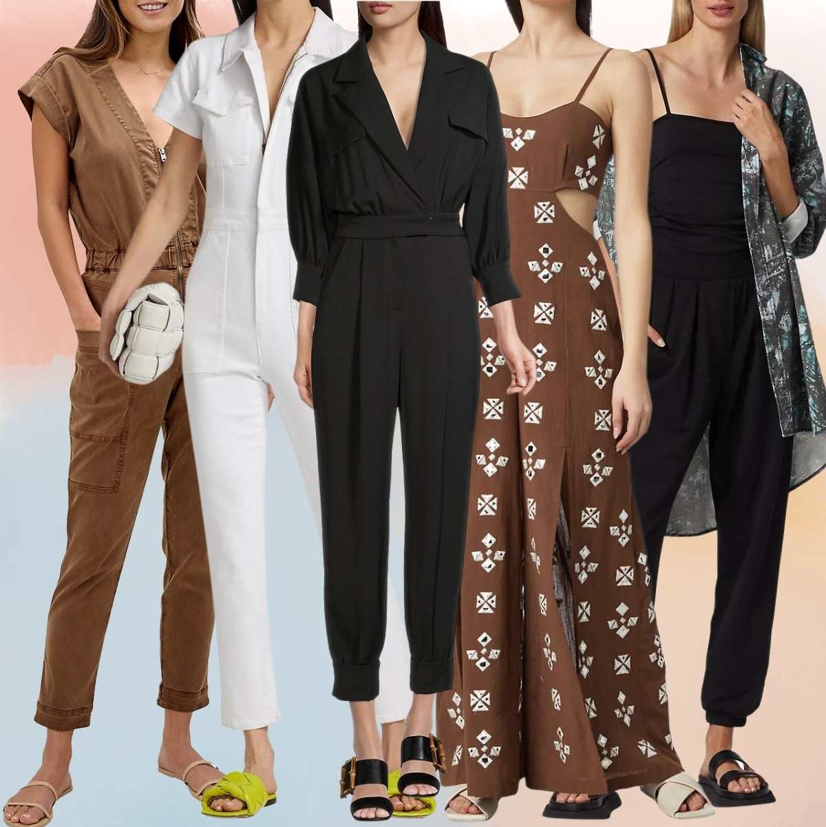 Collage of 5 women wearing different slides outfits with jumpsuits.