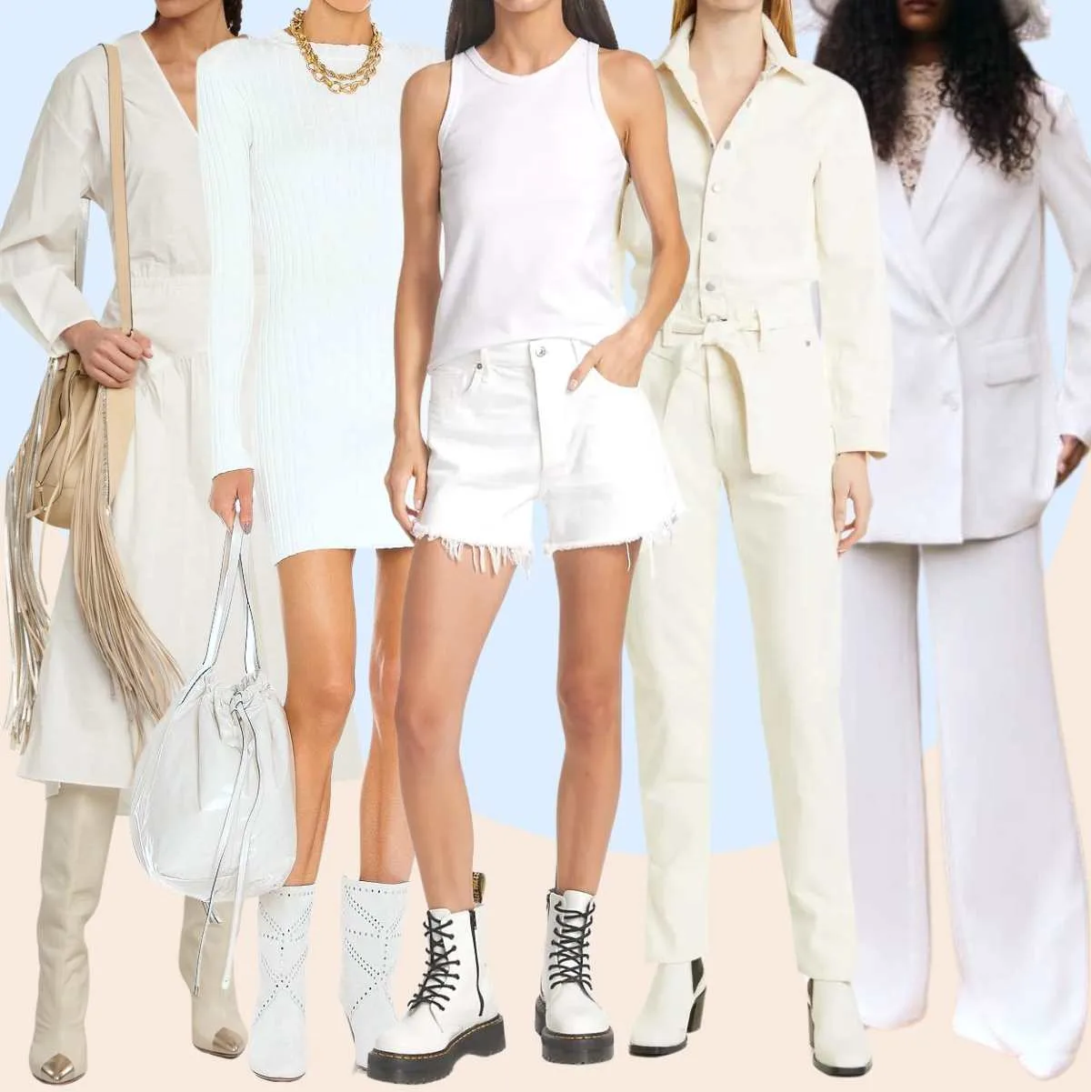 Collage of 5 women wearing different all white white boots outfits.