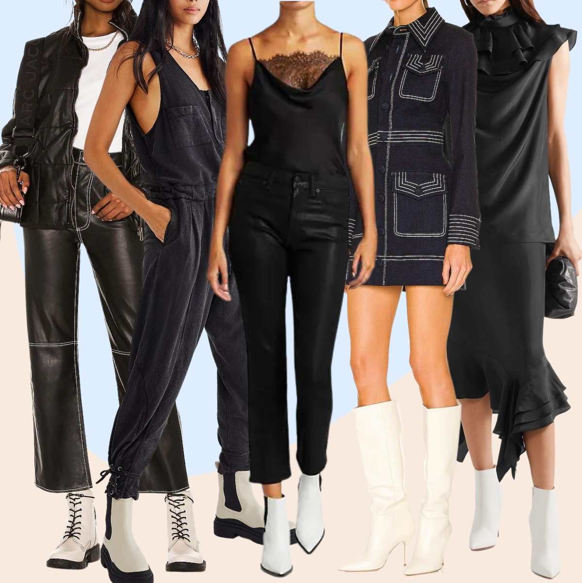 Collage of 5 women wearing different all black clothing with white boots outfits.