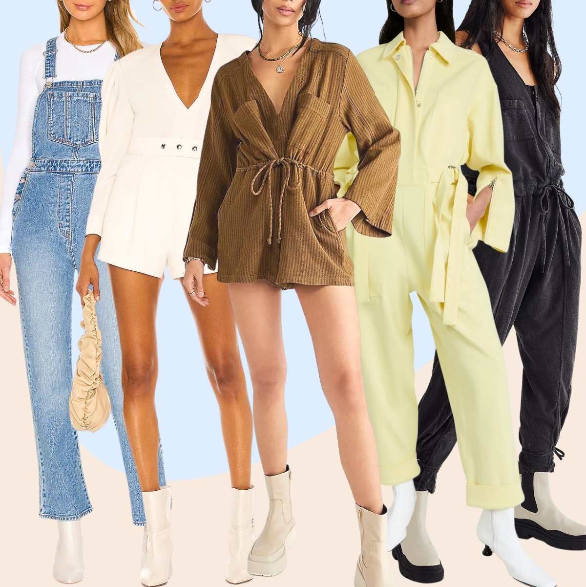Collage of 5 women wearing different white boots outfits with jumpsuits and rompers.