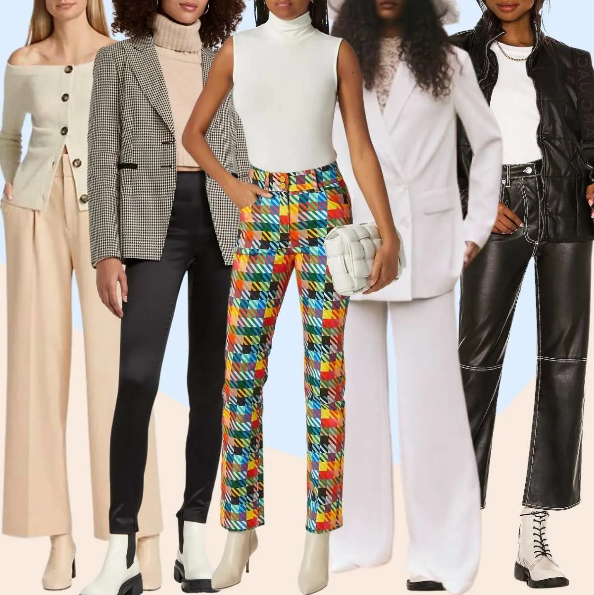 Collage of 5 women wearing different white boots outfits with dress pants.
