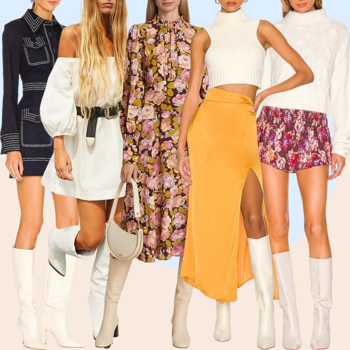 Collage of 5 women wearing different white knee boots outfits.