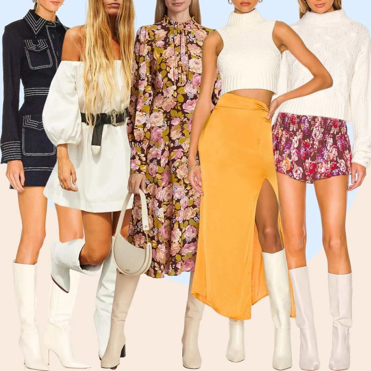 Collage of 5 women wearing different white knee boots outfits.