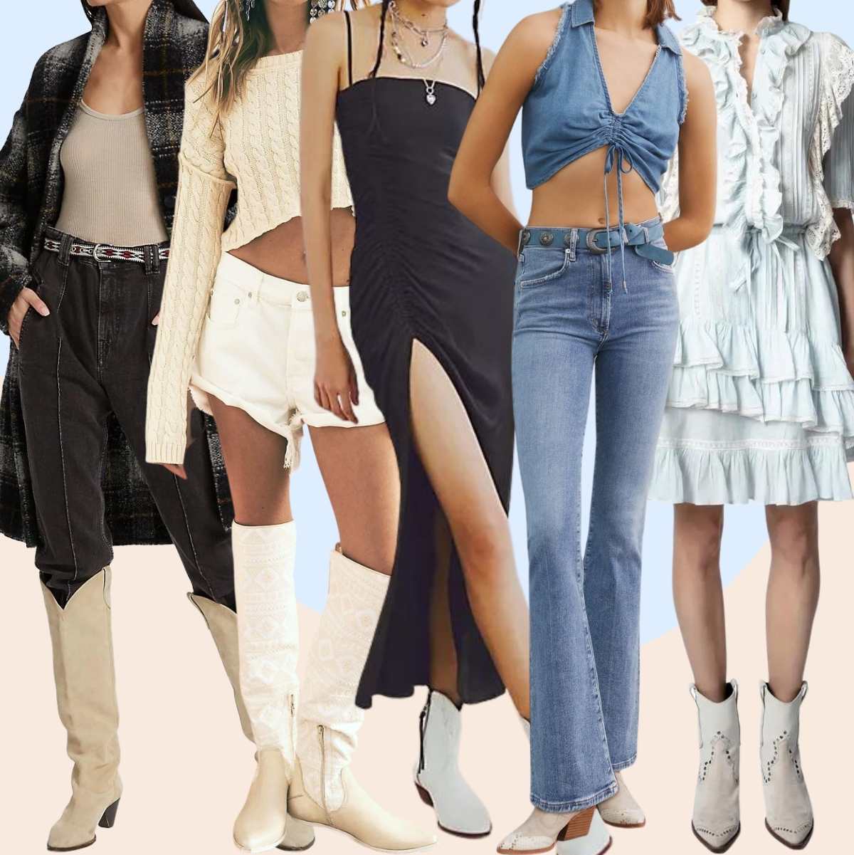 Collage of 5 women wearing different western white boots outfits.