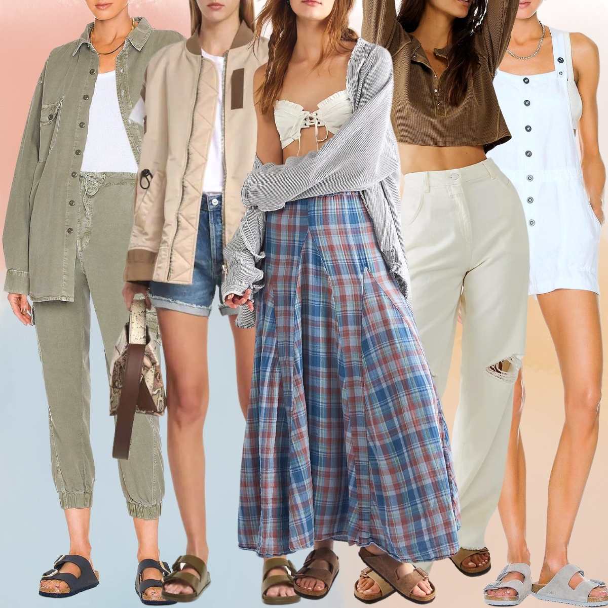 Collage of 5 women wearing birkenstocks slides outfits with casual outfits.