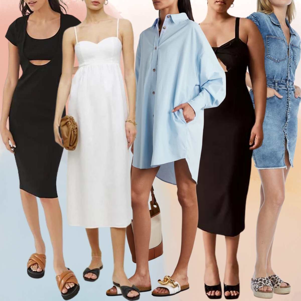 Collage of 5 women wearing different slides outfits with dresses.