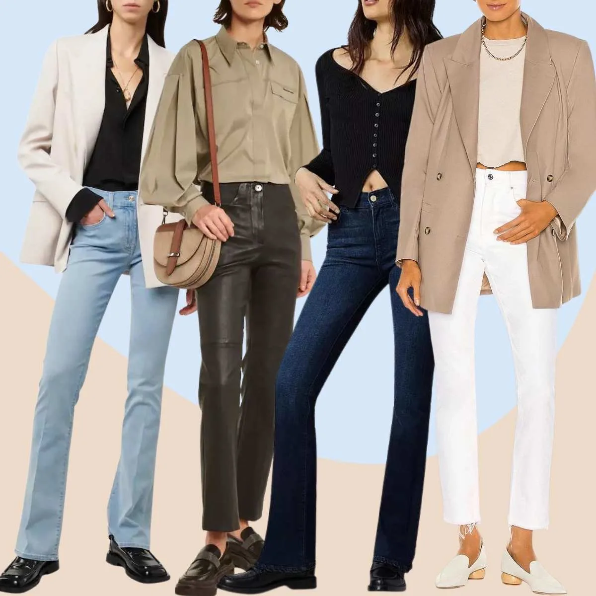 Collage of 4 women wearing loafers with bootcut jeans outfits.