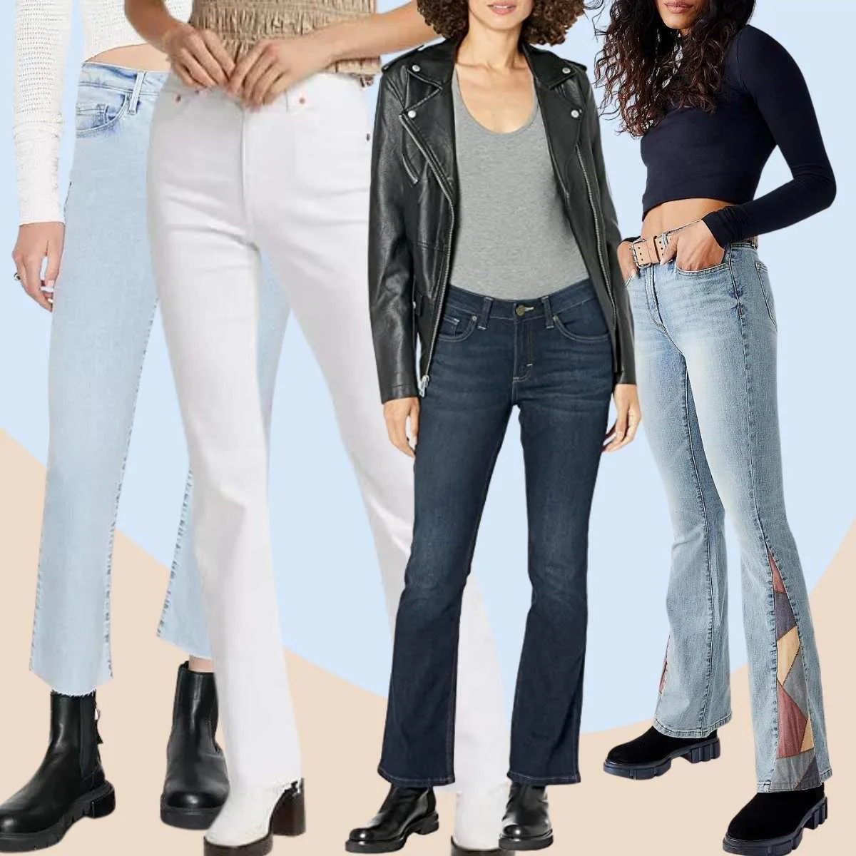 Collage of 4 women wearing chelsea boots and bootcut jeans outfits.