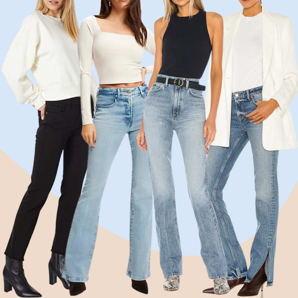 Collage of 4 women wearing pointed toe ankle boots and bootcut jeans outfits.