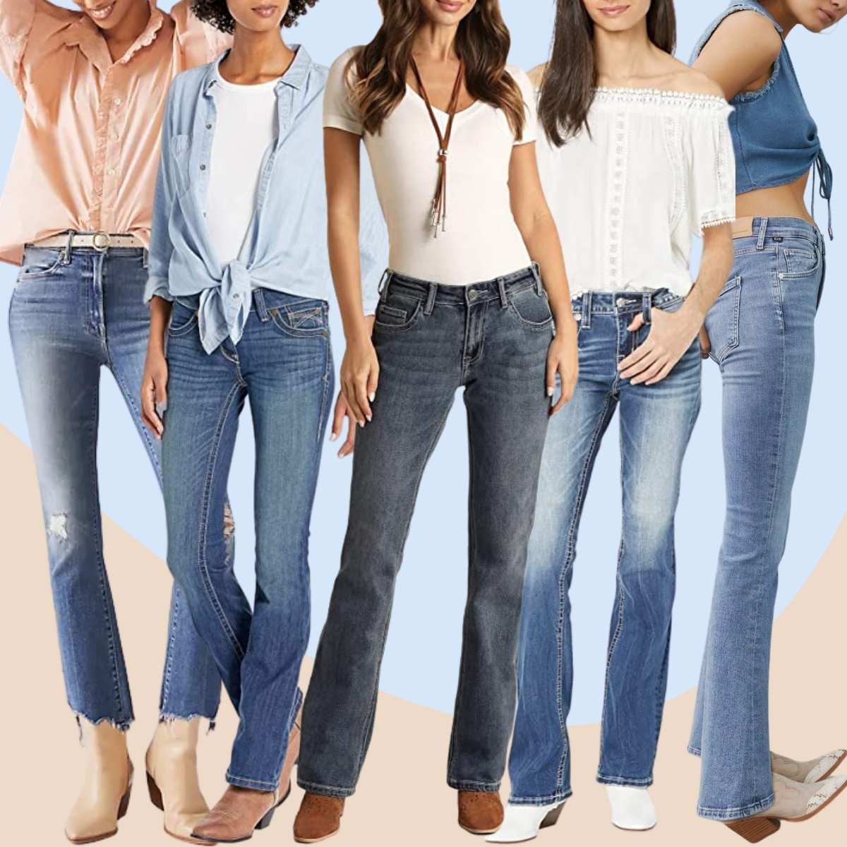 Collage of 5 women wearing cowoby boots and bootcut jeans outfits.