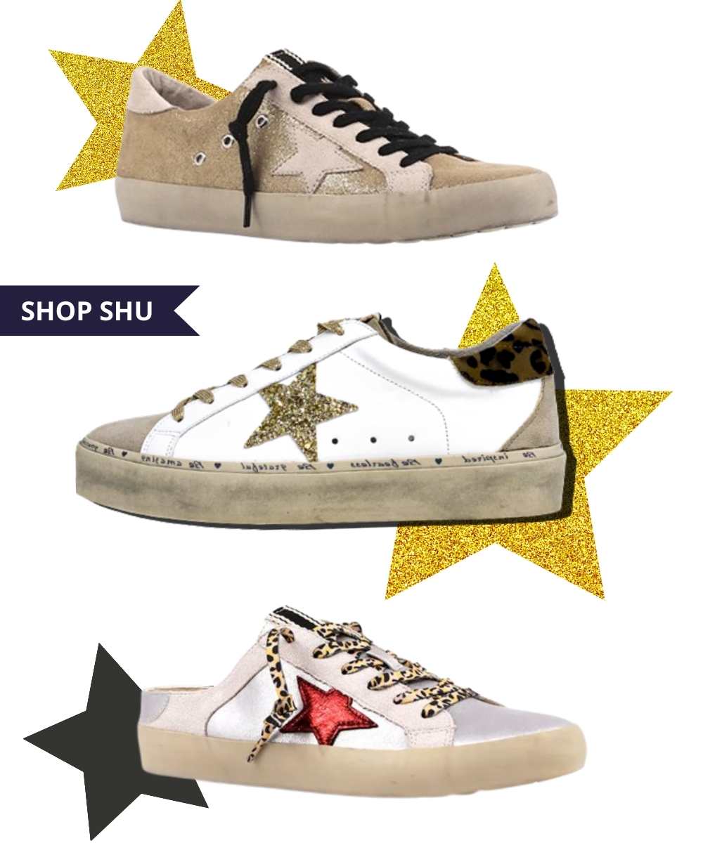 Collage of 3 golden goose dupes sneakers with stars from Shop Shu.