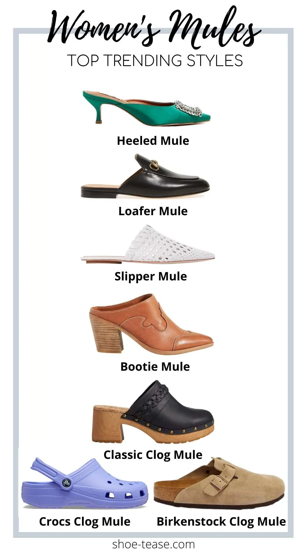 Collage of 7 different mule shoes for women.