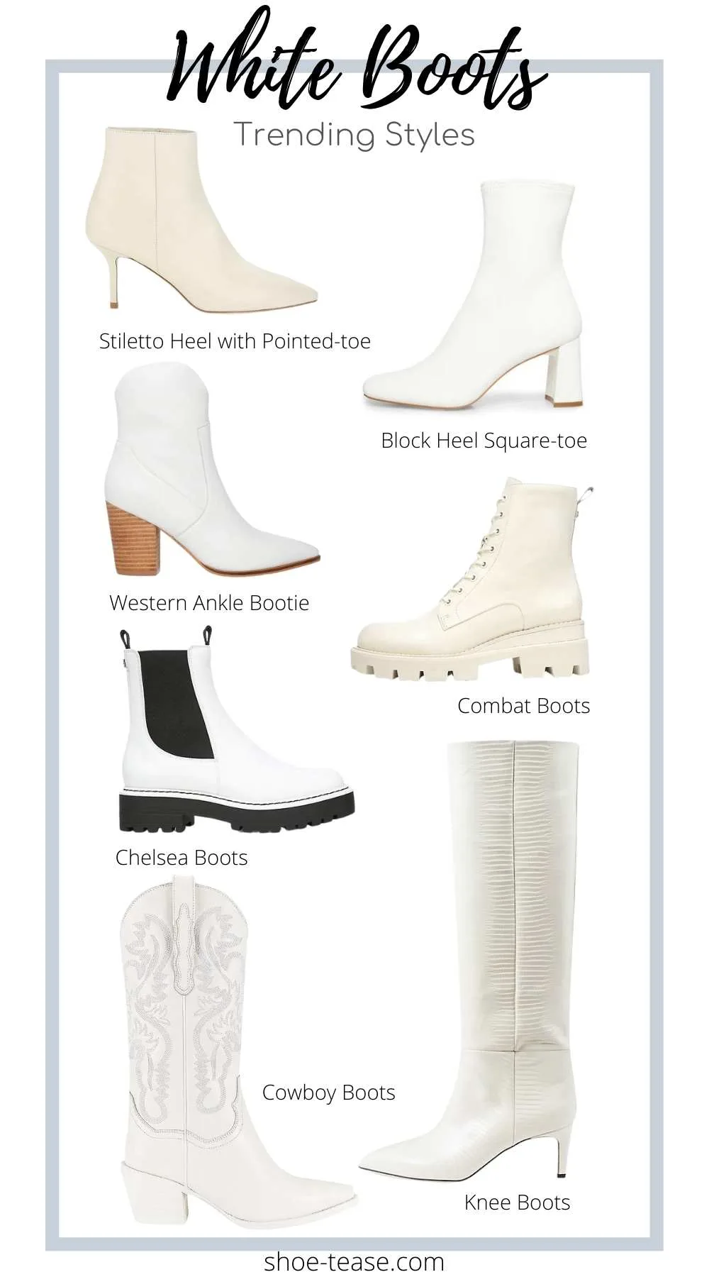 Collage of 7 types of trending white boots for women.