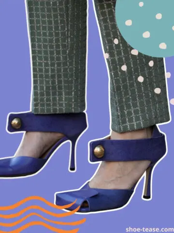 Collage of close up of woman wearing unique shoes under various shapes on purple background.