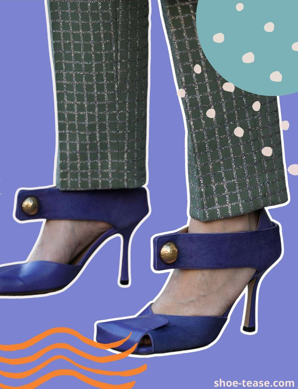 Collage of close up of woman wearing unique shoes under various shapes on purple background.