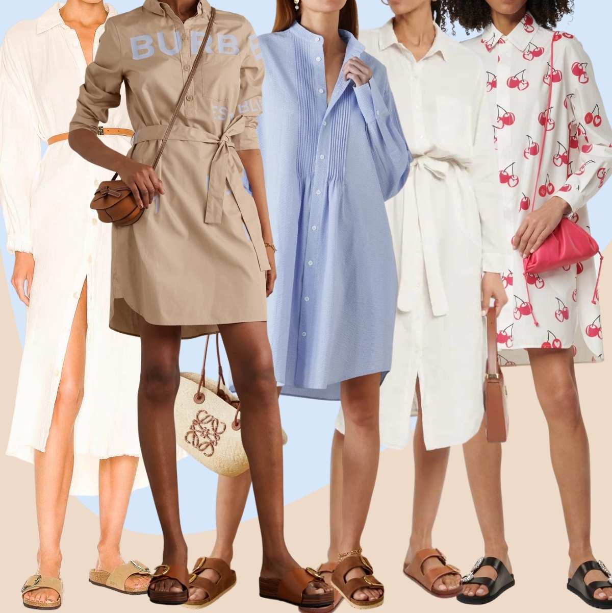 Collage of 5 women wearing different birkenstocks with a shirt dress.