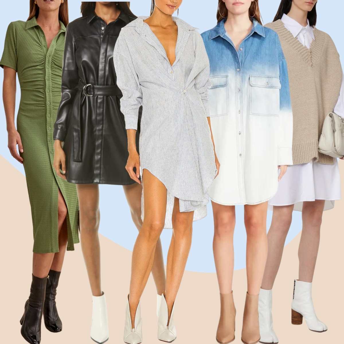 Collage of 5 women wearing different ankle boots with a shirt dress.