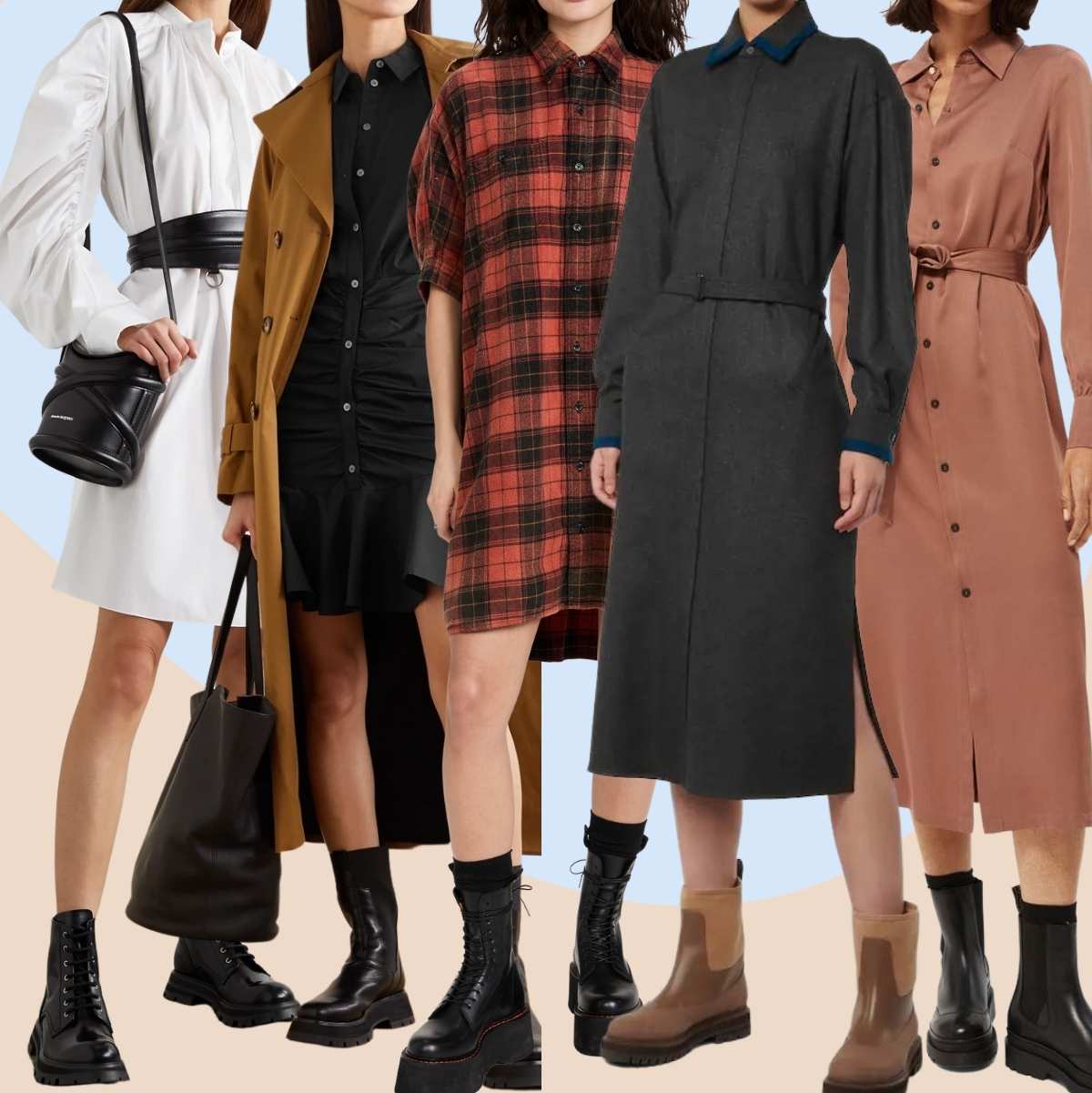 Collage of 5 women wearing different knee boots with a shirt dress.