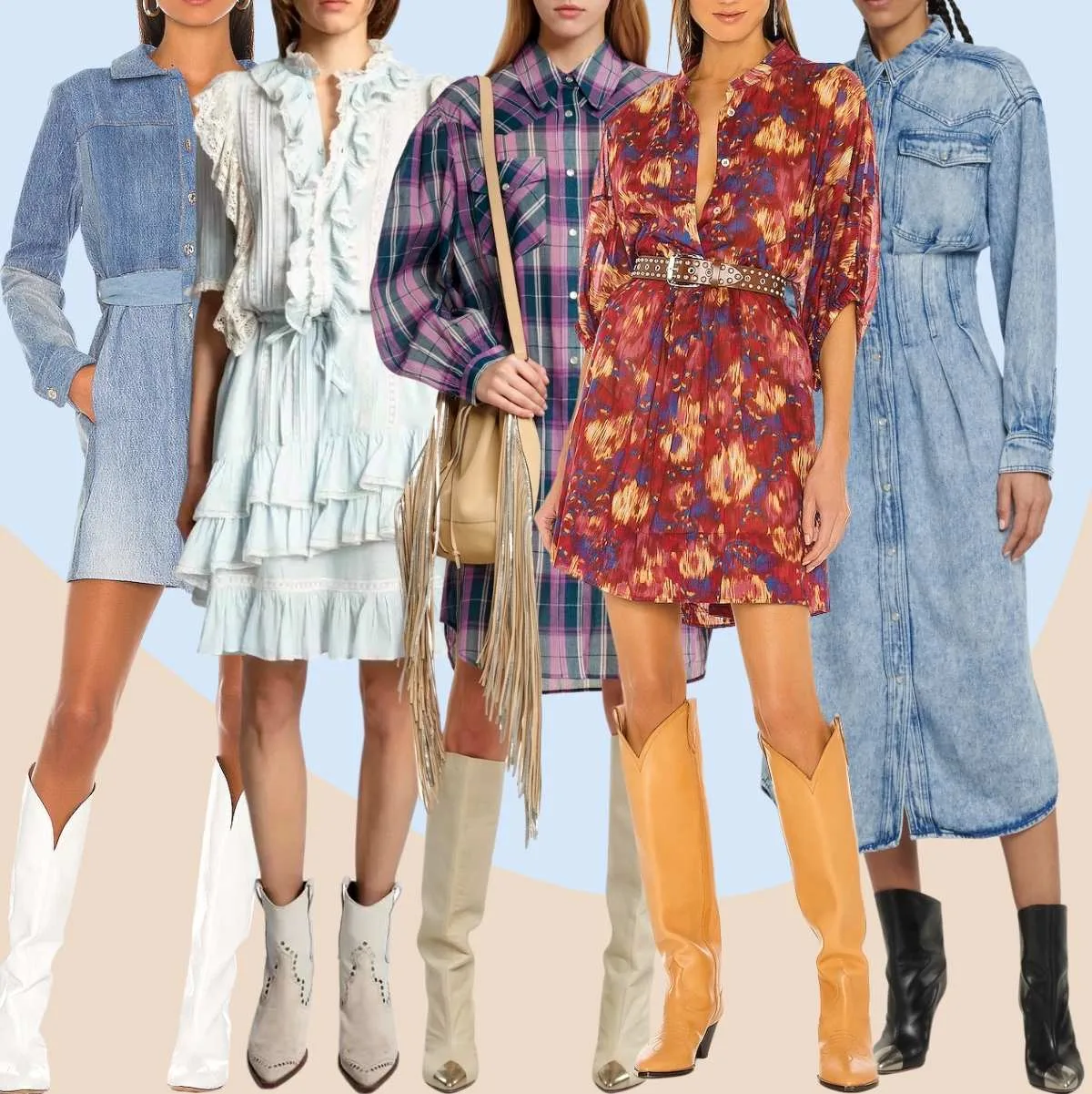 Collage of 5 women wearing different cowboy boots with a shirt dress.