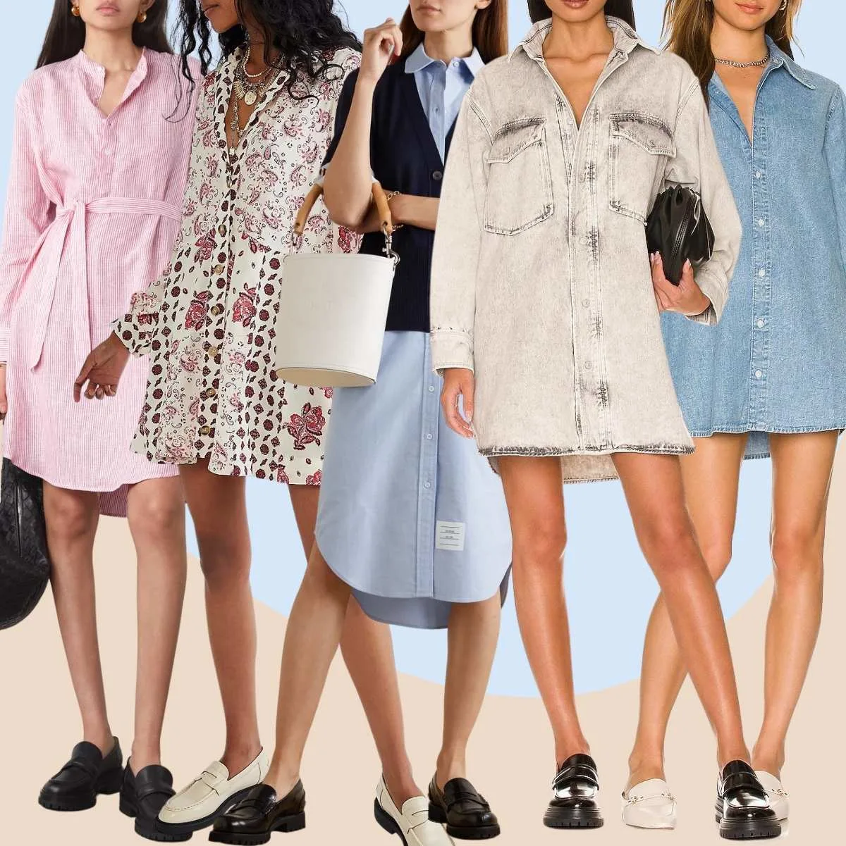 Collage of 5 women wearing different loafer shoes with a shirt dress.