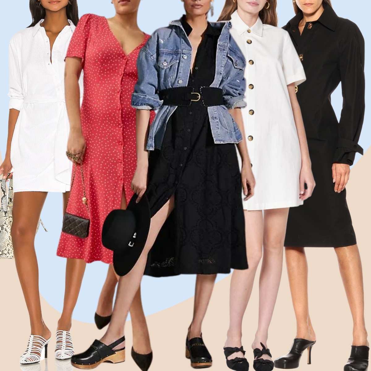 Collage of 5 women wearing different mules and clogs with a shirt dress.