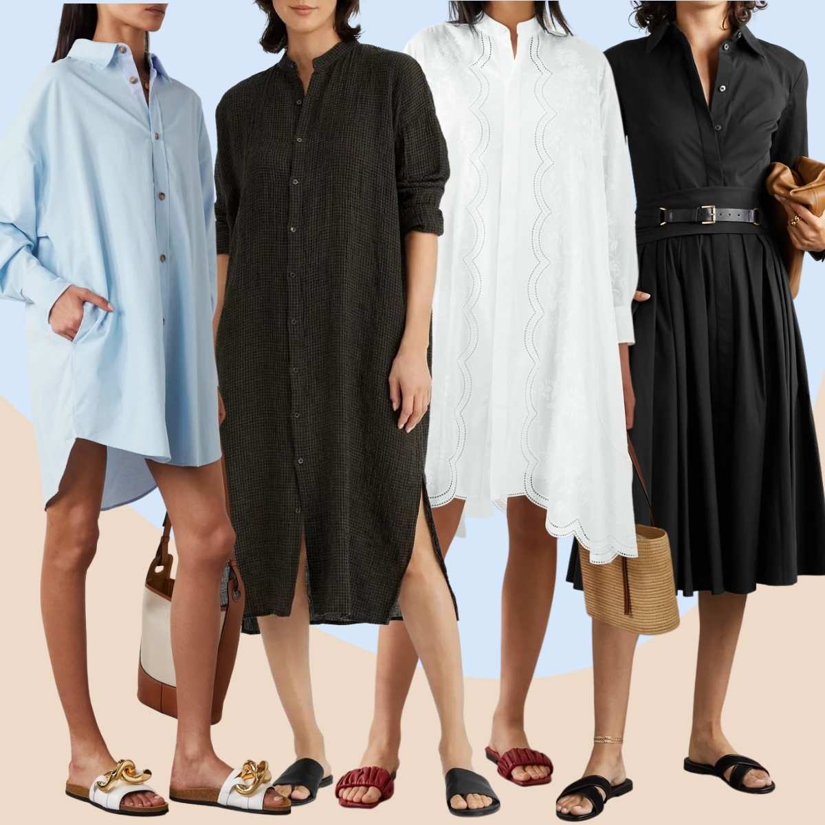 Collage of 4 women wearing different slides with a shirt dress.