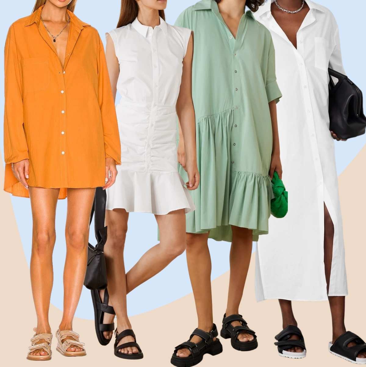 Collage of 4 women wearing different sporty sandals with a shirt dress.