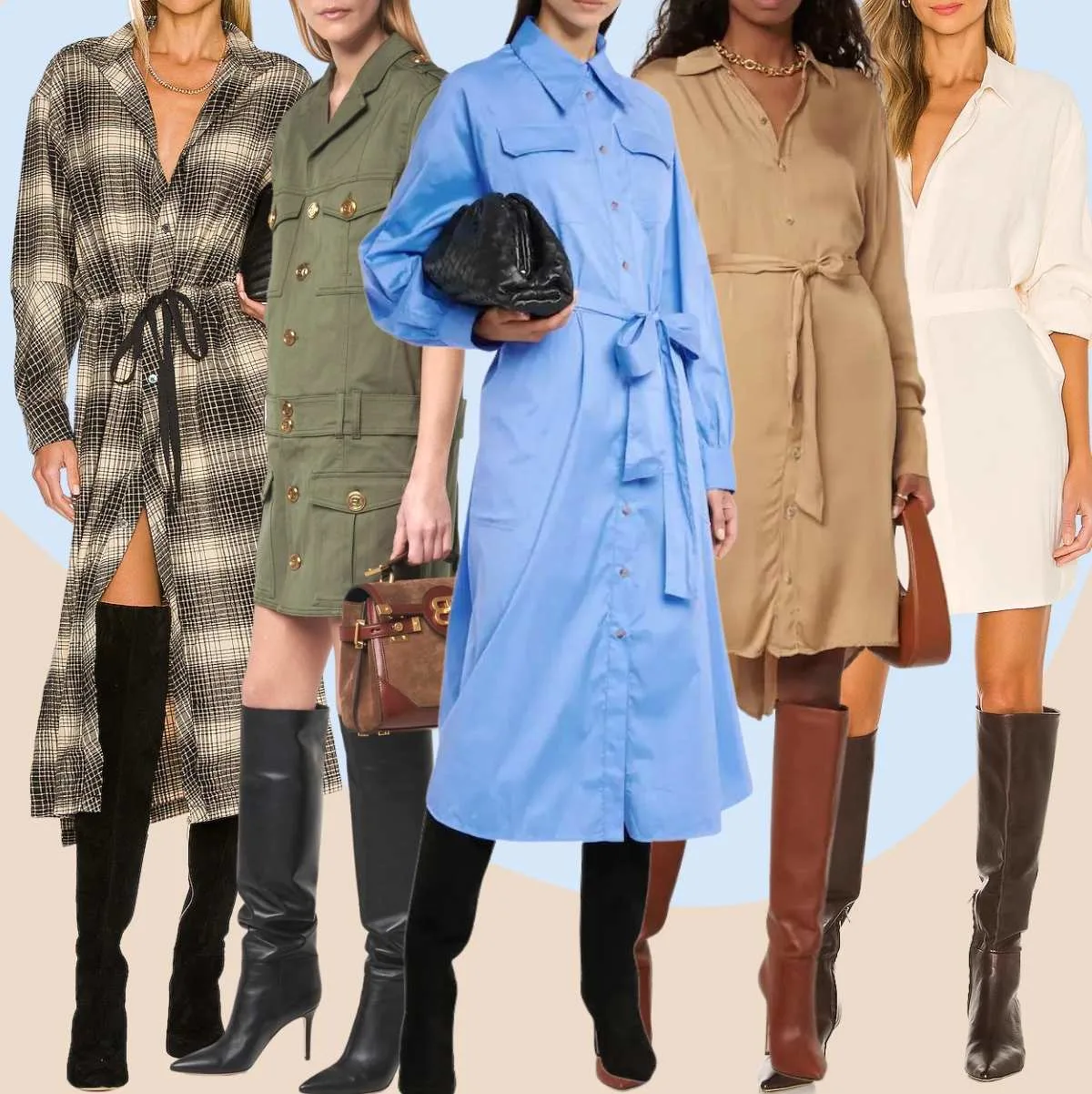 Collage of 5 women wearing different knee boots with a shirt dress.