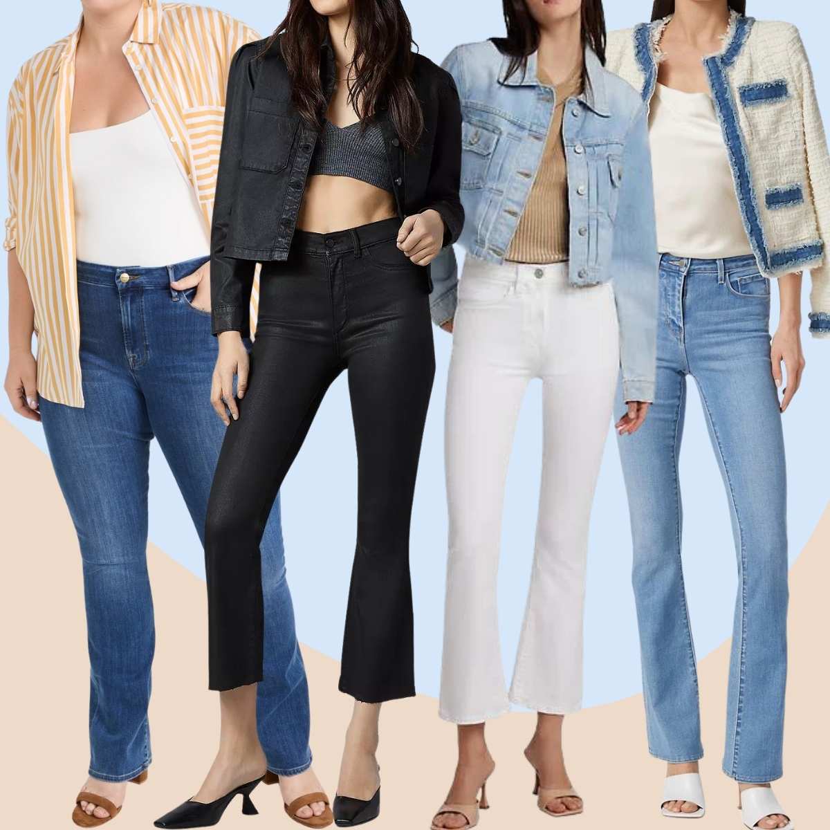 Collage of 4 women wearing heeled mules with bootcut jeans outfits.