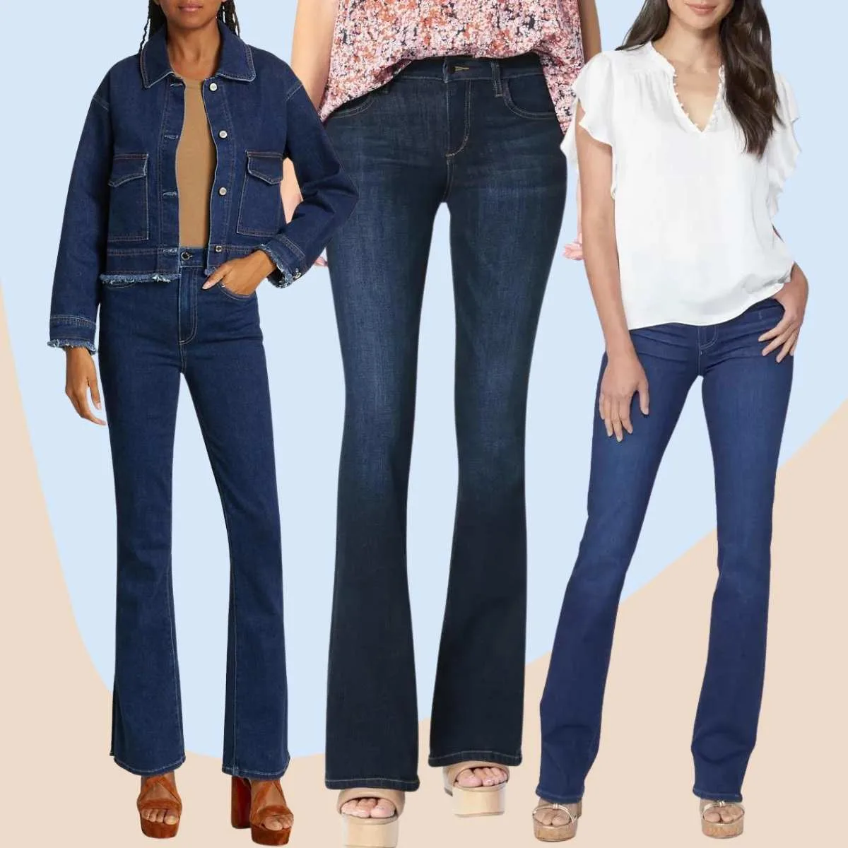 Collage of 4 women wearing platform sandals with bootcut jeans outfits.