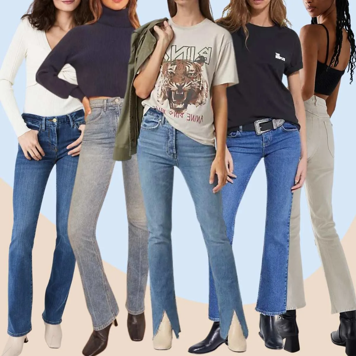Collage of 4 women wearing square toe ankle boots and bootcut jeans outfits.