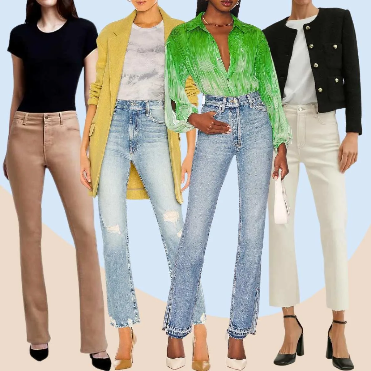 Collage of 4 women wearing pumps with bootcut jeans outfits.