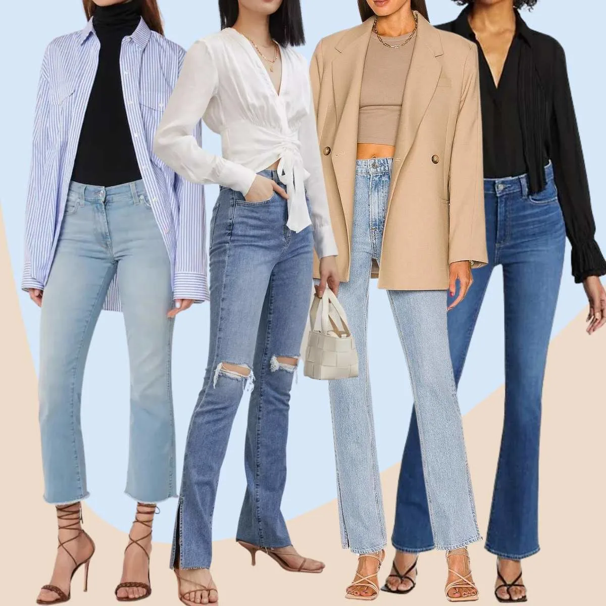 Collage of 4 women wearing strappy sandals with bootcut jeans outfits.