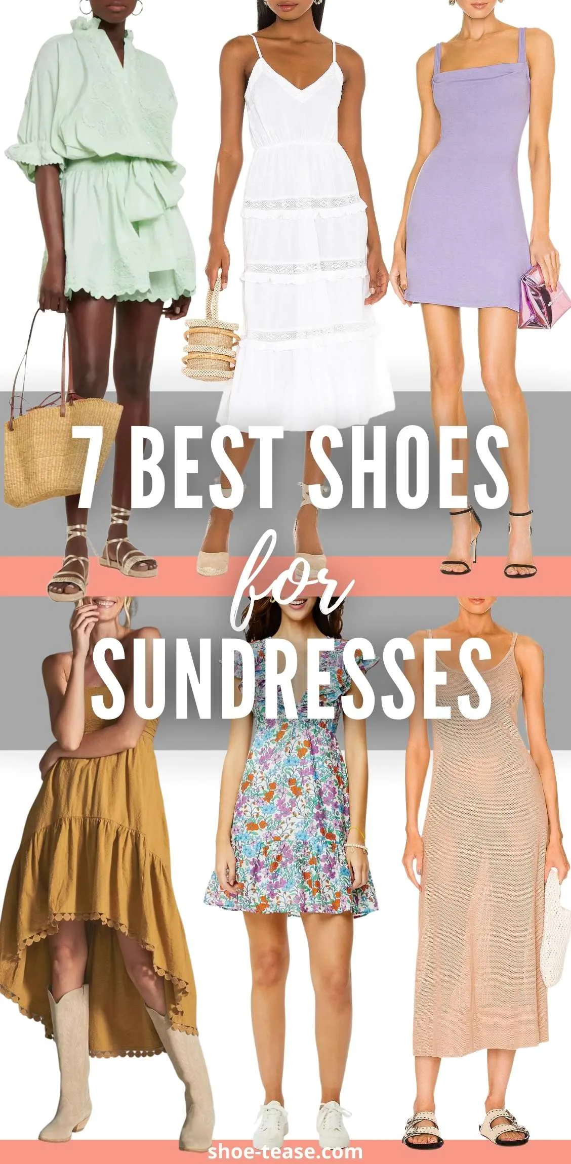 Collage with 6 women wearing the best shoes for sundresses.