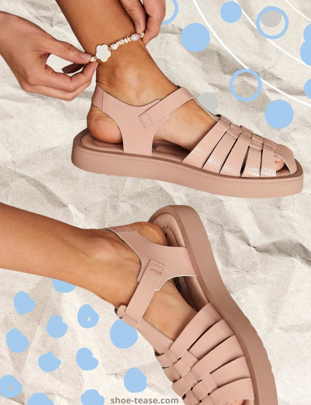 Collage of woman wearing closed toe summer shoes in blush pink and ankle bracelet over blue circles and crumpled paper background.