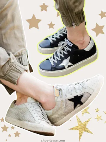 Close up of women wearing Golden Goose sneakers with stars.