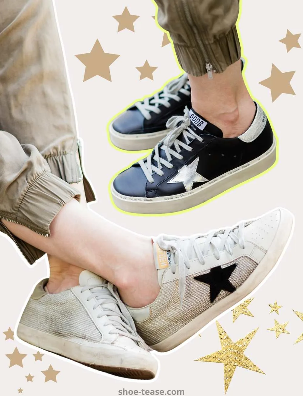Close up of women wearing Golden Goose sneakers with stars.