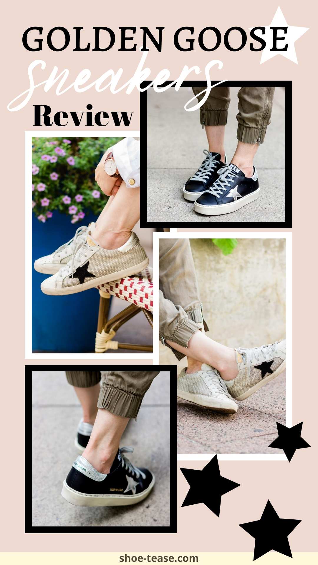 Collage of words reading golden goose sneakers review over 4 close-ups of woman's feet wearing Golden Goose sneakers the superstar and hi star styles.