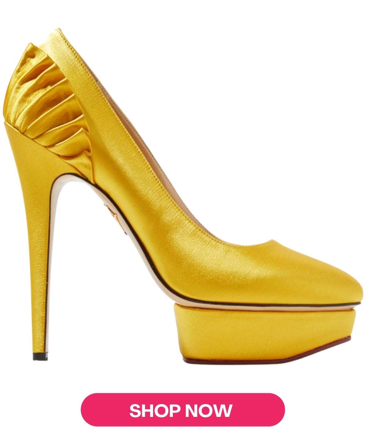 Unique yellow high heels with platform with shop now button.