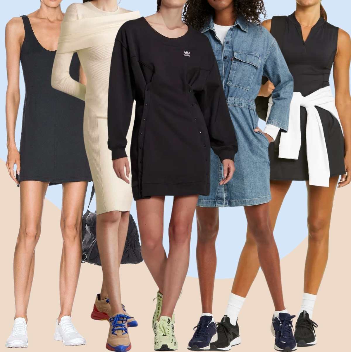 Collage of 5 women wearing athletic sneakers with dresses.