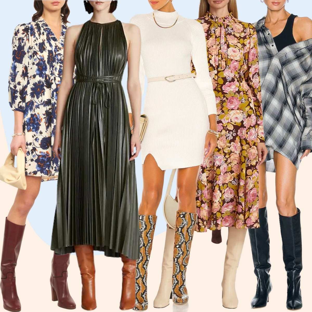 Collage of 5 women wearing different knee high boots with dresses.