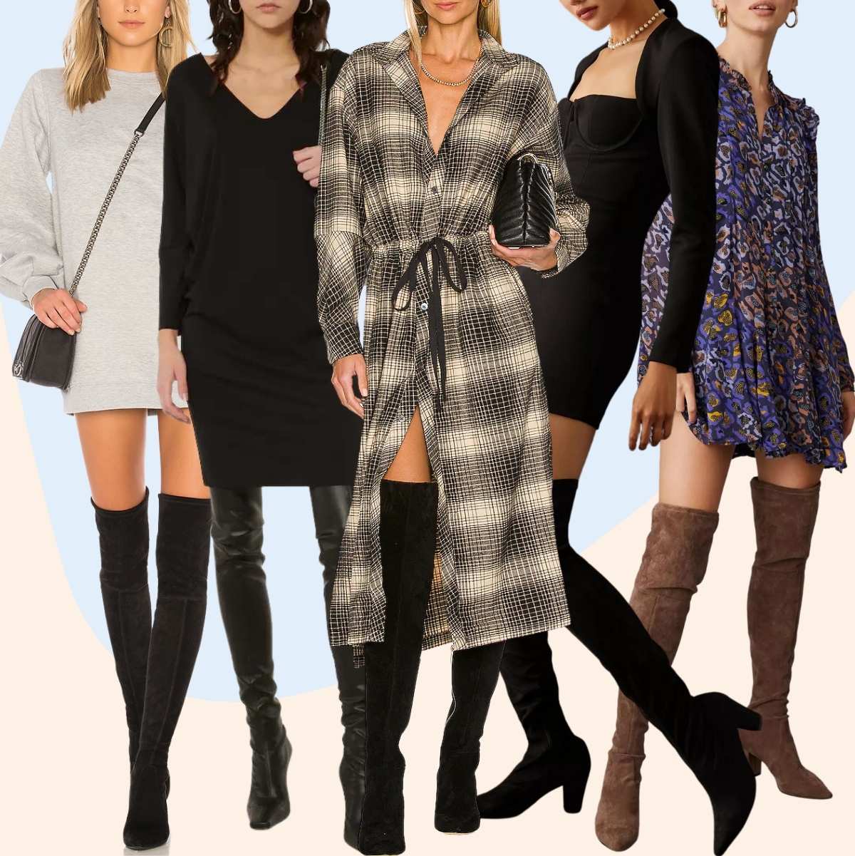 Collage of 5 women wearing different over the knee boots with dresses.