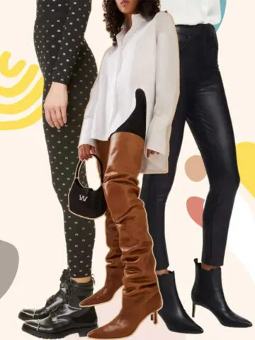 Collage of cropped view of 3 women wearing different boots with leggings.